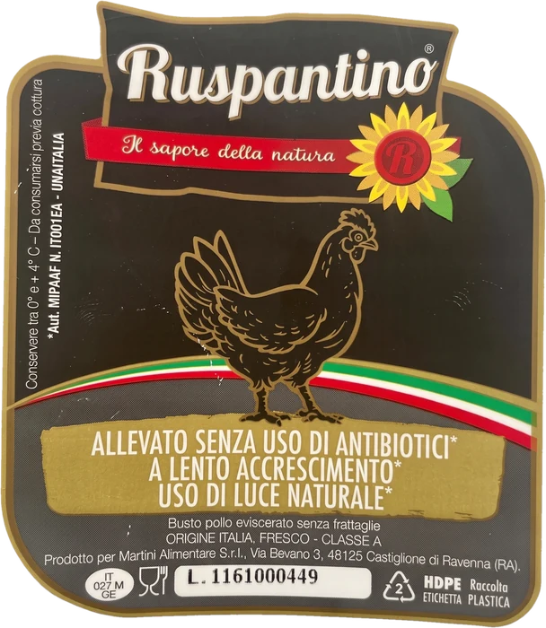 Etichetta Ruspantino del pollo: allevato senza uso di antibiotici, a lento accrescimento, con luce naturale