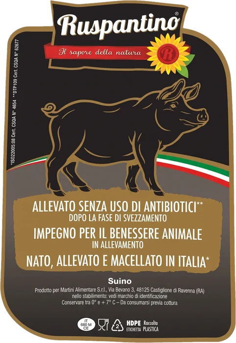 Etichetta Ruspantino del suino: allevato senza uso di antibiotici dopo lo svezzamento, nato, allevato e macellato in Italia